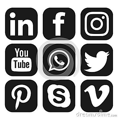 Facebook, Instagram, whatsapp, youtube Linkedin twitter vimeo skyp pinteret logo icon in black vector isolated on white background Editorial Stock Photo