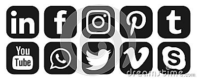 Facebook, Instagram, whatsapp, youtube Linkedin twitter vimeo skyp pinteret logo icon in black vector isolated on white background Editorial Stock Photo