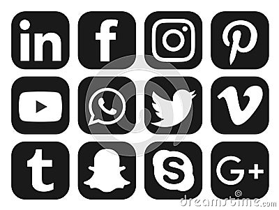 Social media logo black circle icons set Popular illustrations simple flat vector Cartoon Illustration