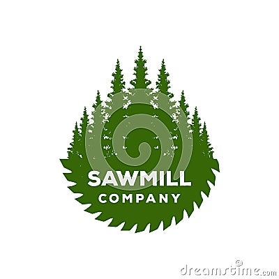 Sunset Circular Blade and Pine Forest Sawmill Vector Illustration