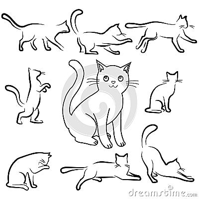 Lots of cats outline, Isolated in different poses Vector Illustration