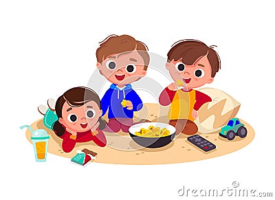 Children watching TV and eating popcorn. Vector illustration. Vector Illustration