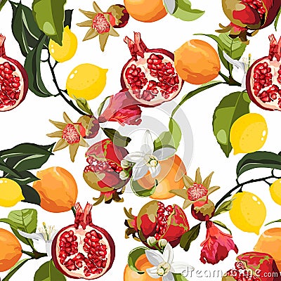Seamless Tropical Fruits Pattern. Exotic Background with Pomegranate, Orange, Lemon and Flowers for Wallpaper. Vector Illustration