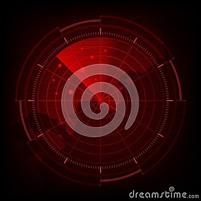 Digital red realistic radar screen, Abstract radar with targets, Military search system, Vector illustration. Vector Illustration