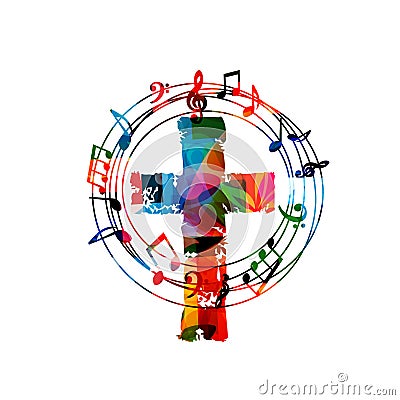 Colorful christian cross with music notes isolated vector illustration. Religion themed background. Design for gospel church music Vector Illustration