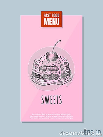 Fast food menu card concept. Sweets sketch. Retro style. Vector illustration. Vector Illustration