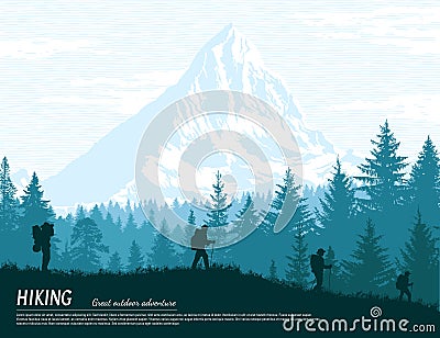 Abstract background. Forest wilderness landscape. People with backpacks silhouettes. Template for your design works. Vector Illustration