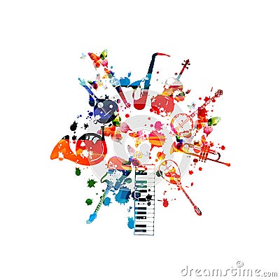 Music instruments background. Colorful piano keyboard, guitar, french horn, Portuguese guitar, microphone, saxophone, violoncello, Vector Illustration
