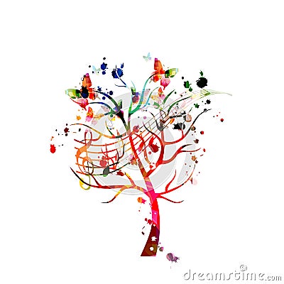 Music background with colorful tree and music notes vector illustration design. Artistic music festival poster, live concert event Vector Illustration