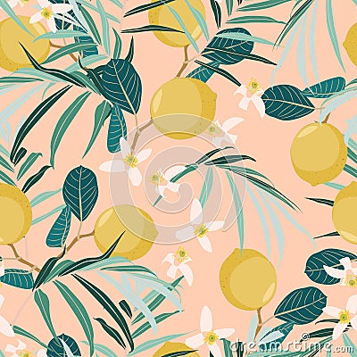 Seamless citrus pattern with palm leves. Hand drawn illustration with lemons. Template for print. Vector Illustration