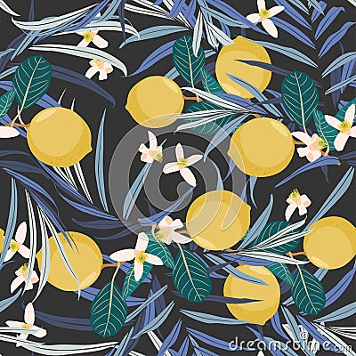 Seamless citrus pattern with palm leves. Hand drawn illustration with lemons. Template for print, textile. Vector Illustration