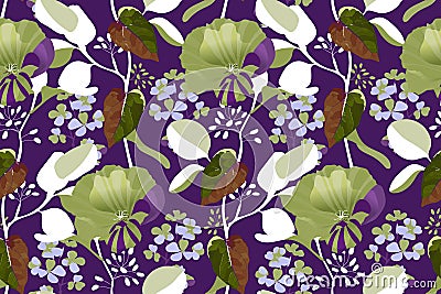 Art floral vector seamless pattern. Green, purple garden mallow flowers, blue gillyflower, branches with brown leaves isolated on Vector Illustration