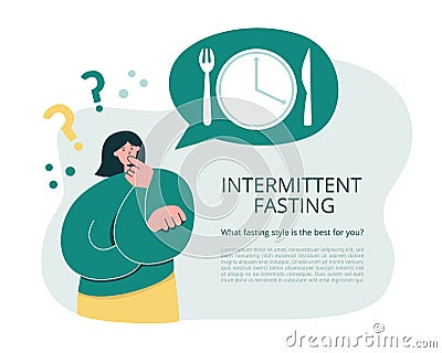 Woman thinks over Intermittent Fasting. Vector Illustration