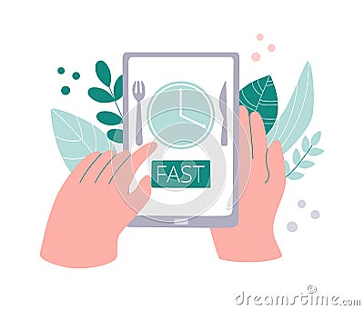 Tracking Fasting time app on phone. Vector Illustration