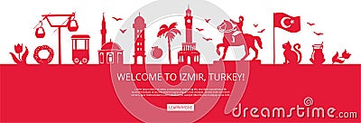 Welcome to Izmir, Turkey! Red city silhouette with famous Turkish landmarks. Vector Illustration