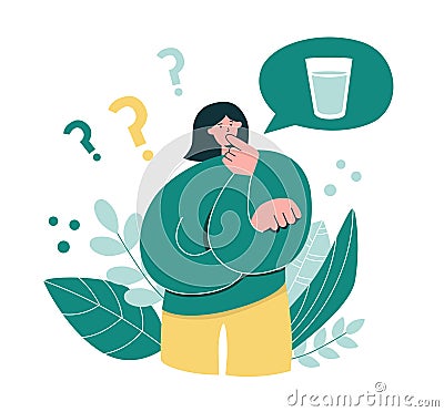 Woman thinks how much water she drinks. Vector Illustration