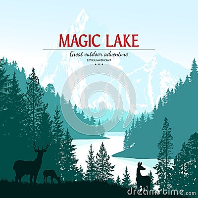 Abstract background. Forest wilderness landscape. Deer family silhouttes. Vector illustration. Vector Illustration