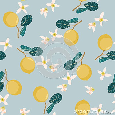 Seamless citrus pattern with palm flowers on blue background. Hand drawn illustration with lemons. Cartoon Illustration