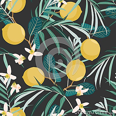 Seamless citrus vintage pattern with palm leves on black background. Hand drawn illustration with lemons. Vector Illustration