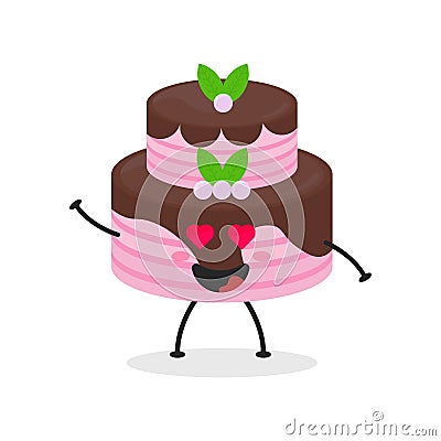 Cute flat cartoon birthday cake illustration. Vector illustration of cute birthday cake with a smiling expression. Cute cake masco Vector Illustration