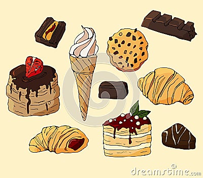 Colorful doodle set of sweets from ice cream, muffin, croissant, chocolate on light yellow isolated background. Vector Illustration