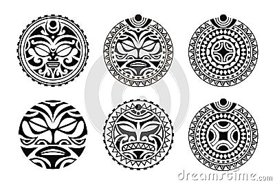 Set of round tattoo ornament with sun symbols face and swastika. Vector Illustration