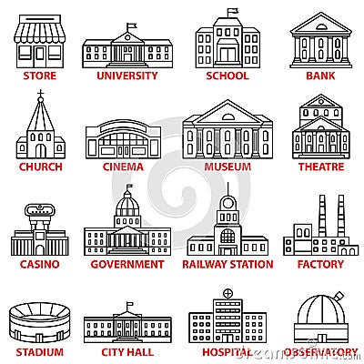 Government buildings icons set. Vector isolated outline illustrations Vector Illustration