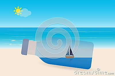 Sailboat in a bottle with seascape, sun and sky Vector Illustration