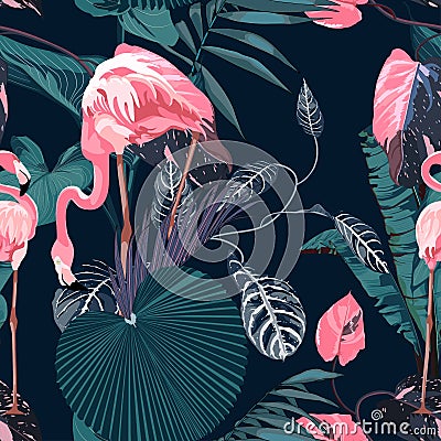 Tropical night vintage wild pink flamingo birds pattern, palm tree, palm leaves and plant floral seamless border Vector Illustration