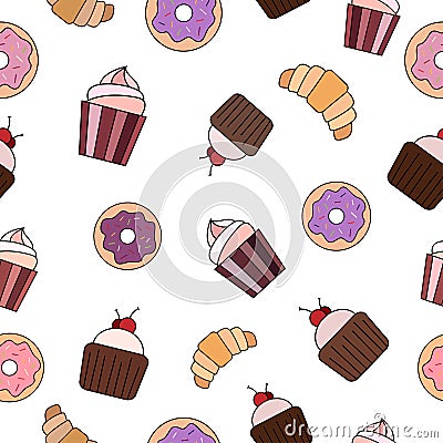 Colorful sweet bakery on white background. Seamless yummy pattern. Muffin with cherry, donut, croissant, cake with cream. Vector Illustration