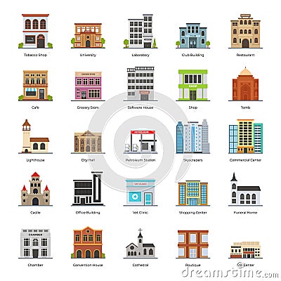 Commercial Buildings Flat Icons Pack Vector Illustration