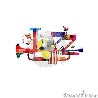 Jazz music typographic colorful background with trumpet vector illustration. Artistic music festival poster, live concert, creativ Vector Illustration