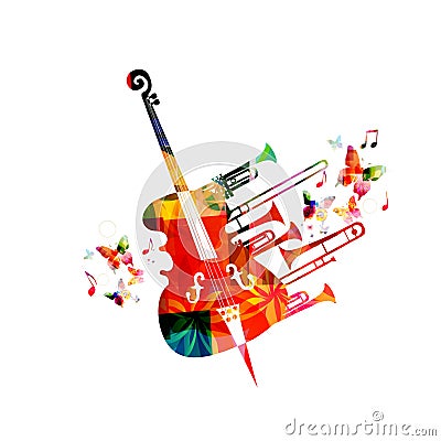 Colorful music background poster with violoncello, trumpet and music notes. Music festival poster with creative cello design vecto Vector Illustration