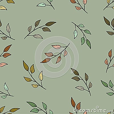 Colorful branch with leaves on muted green background. Seamless floral doodle pattern. Vector Illustration