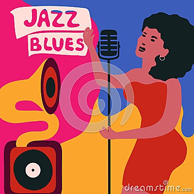 Jazz music festival colorful poster with gramophone and woman singer. Female singer with gramophone flat vector illustration. Jazz Vector Illustration