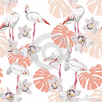 Seamless pattern with white flamingos and tropical orchid flowers and orange monstera leaves. Simple design to fabric. Vector Illustration
