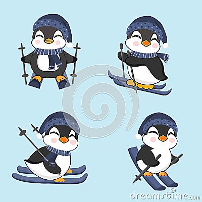 Set of Kawaii penguin skiing in winter. Vector Illustration