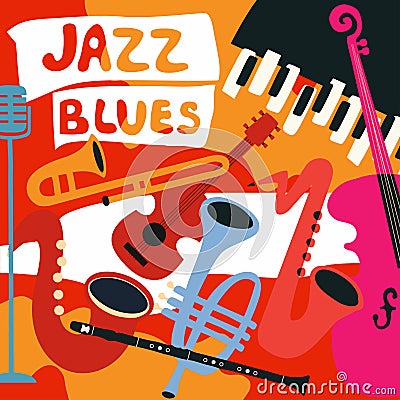 Jazz music festival poster with music instruments. Saxophone, trumpet, guitar, violoncello, piano, clarinet and microphone flat ve Vector Illustration