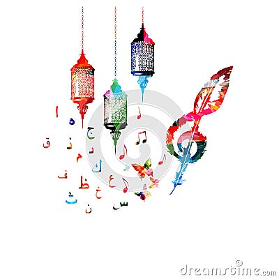 Colorful music notes with Arabic Islamic calligraphy symbols and Ramadan lamps isolated vector illustration. Music background for Vector Illustration