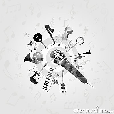 Black and white microphone with music instruments vector illustration. Guitar, microphone, piano keyboard, french horn, saxophone, Vector Illustration