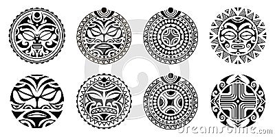 Set of round Maori tattoo ornament with sun symbols face and swastika. Vector Illustration