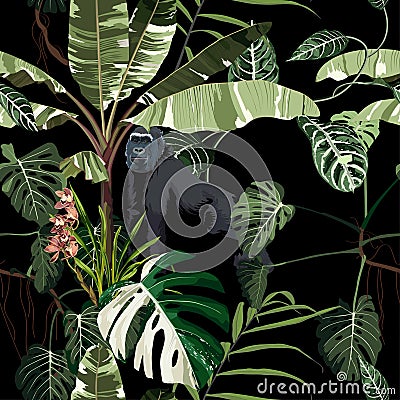 Seamless pattern with monstera, liana, leaves, orchid flowers and monkey gorilla animals. Vector Illustration