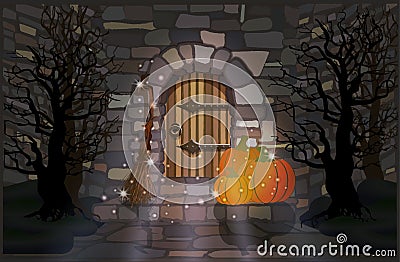 Happy Halloween night wallpaper with pumpkin and witch broomstick Vector Illustration