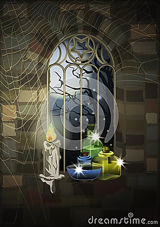 Ornate gothic window with candle and magic glass jar, wallpaper Vector Illustration