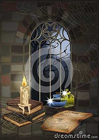 Gothic window with magic witch book, candle and glass jar, background halloween Vector Illustration