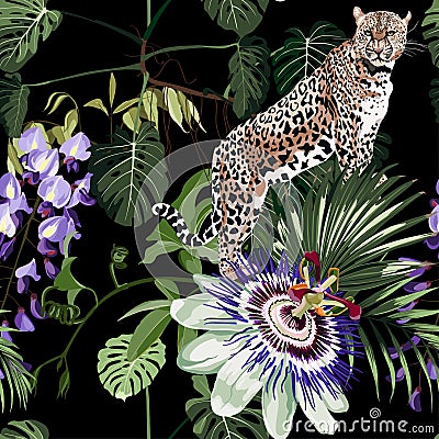 Seamless pattern with tropical, leaves, passiflora flowers and leopard animal. Illustration on black background. Vector Illustration