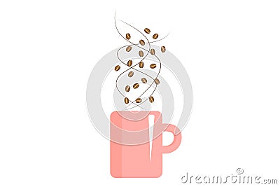 A pink mug with coffee beans on white background. Good design element for any project. Stock Photo