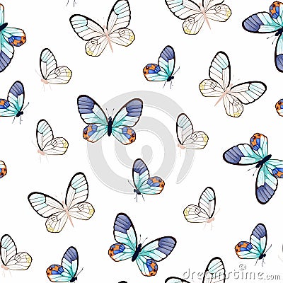 Seamless pattern with flying multicolored butterflies on a white background. Vector Illustration