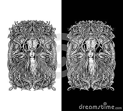 Detailed vector drawing of woman with deer skull and wings Vector Illustration