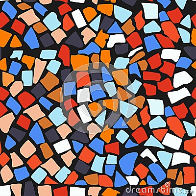 Terrazzo swamless pattern with colorful rock pieces. Abstract backdrop with bright stone sprinkles scattered on black background. Cartoon Illustration